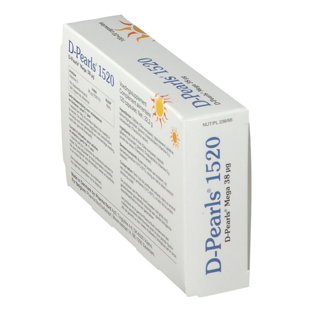 Doos D-Pearls 1520, schuin. Tekst: Voedingssupplement. Fabrikant informatie. Zon grafiek.