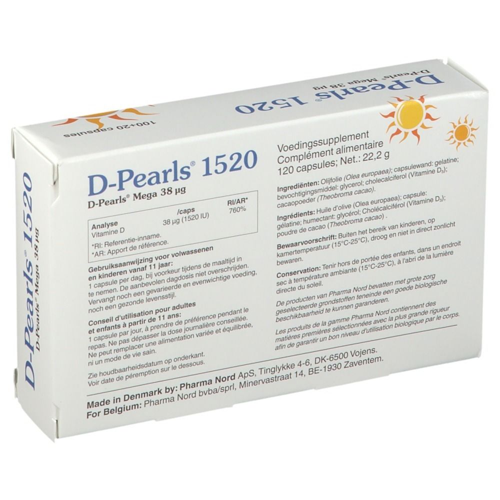 Achterkant van de D-Pearls 1520 doos. Tekst: Voedingssupplement. Ingrediënten. Fabrikant informatie. Zon grafiek.