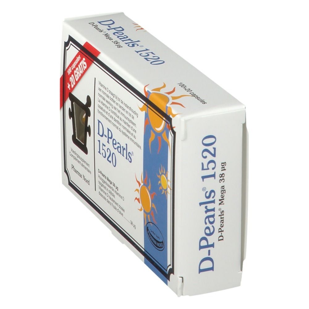 Doos D-Pearls 1520, schuin. Opschrift: D-Pearls 1520. Pharma Nord logo. Blauwe en gele zon grafiek.