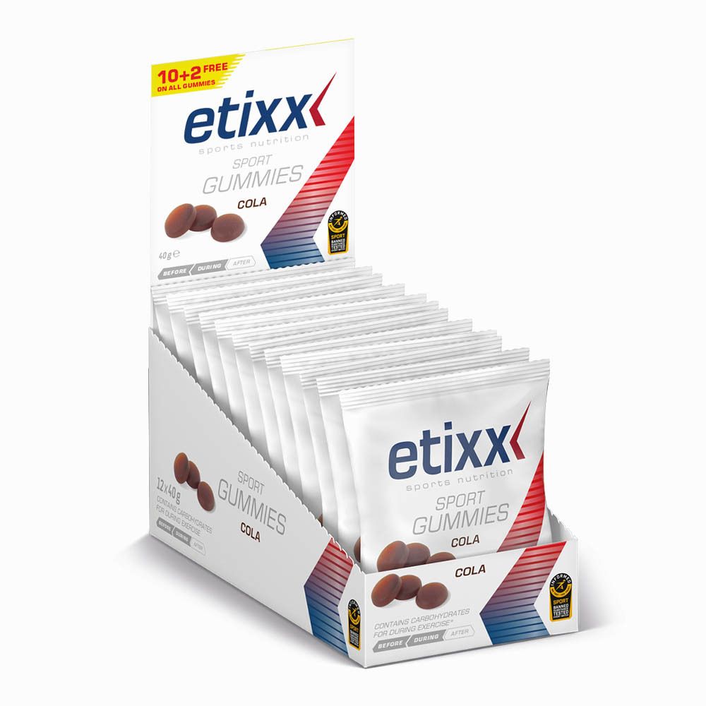 Présentoir de Sport Gummis etixx®. Goût cola. 12x40g. Sport Banned Substances Tested.