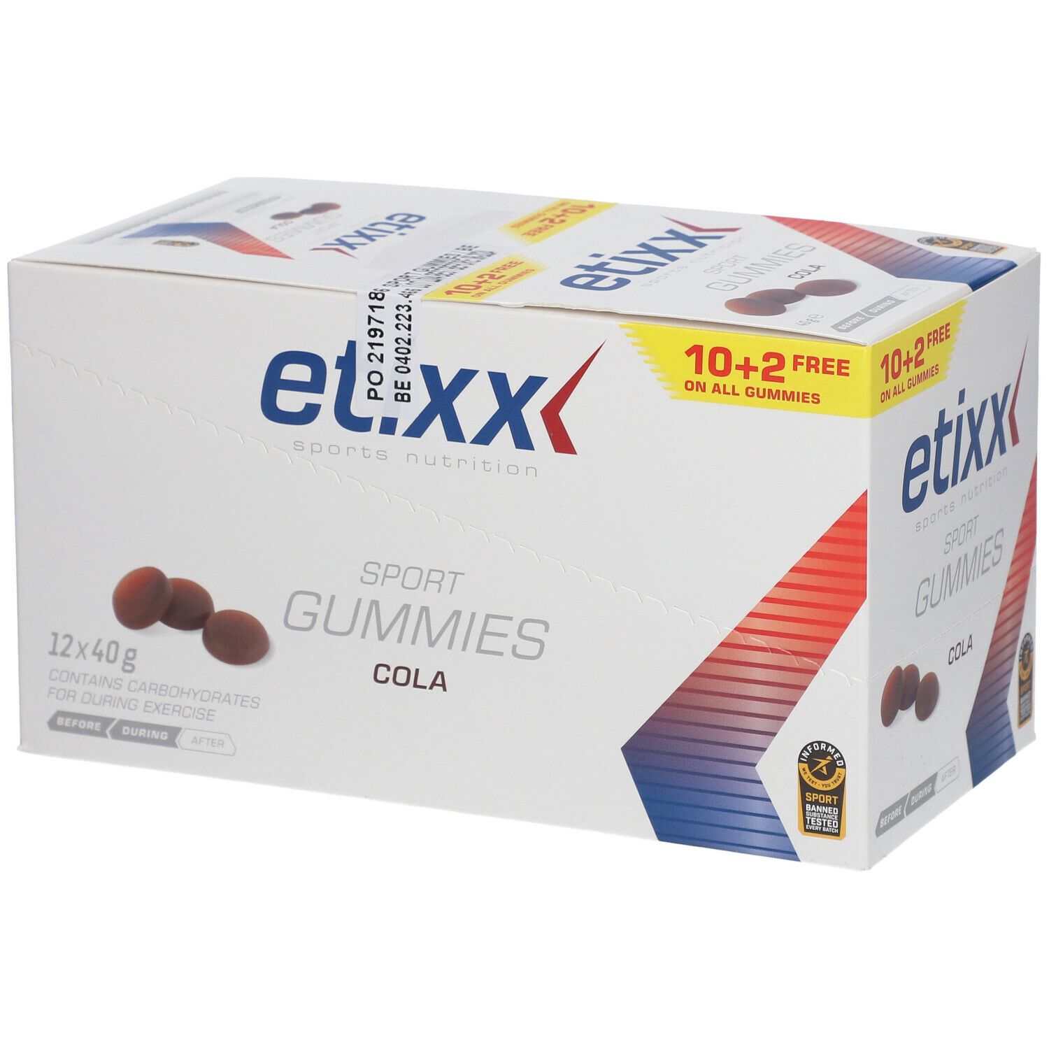 Scatola di etixx® Sport Gummis. Scritta: 10+2 gratis. Gusto cola. 12x40g. Sport Banned Substances Tested.
