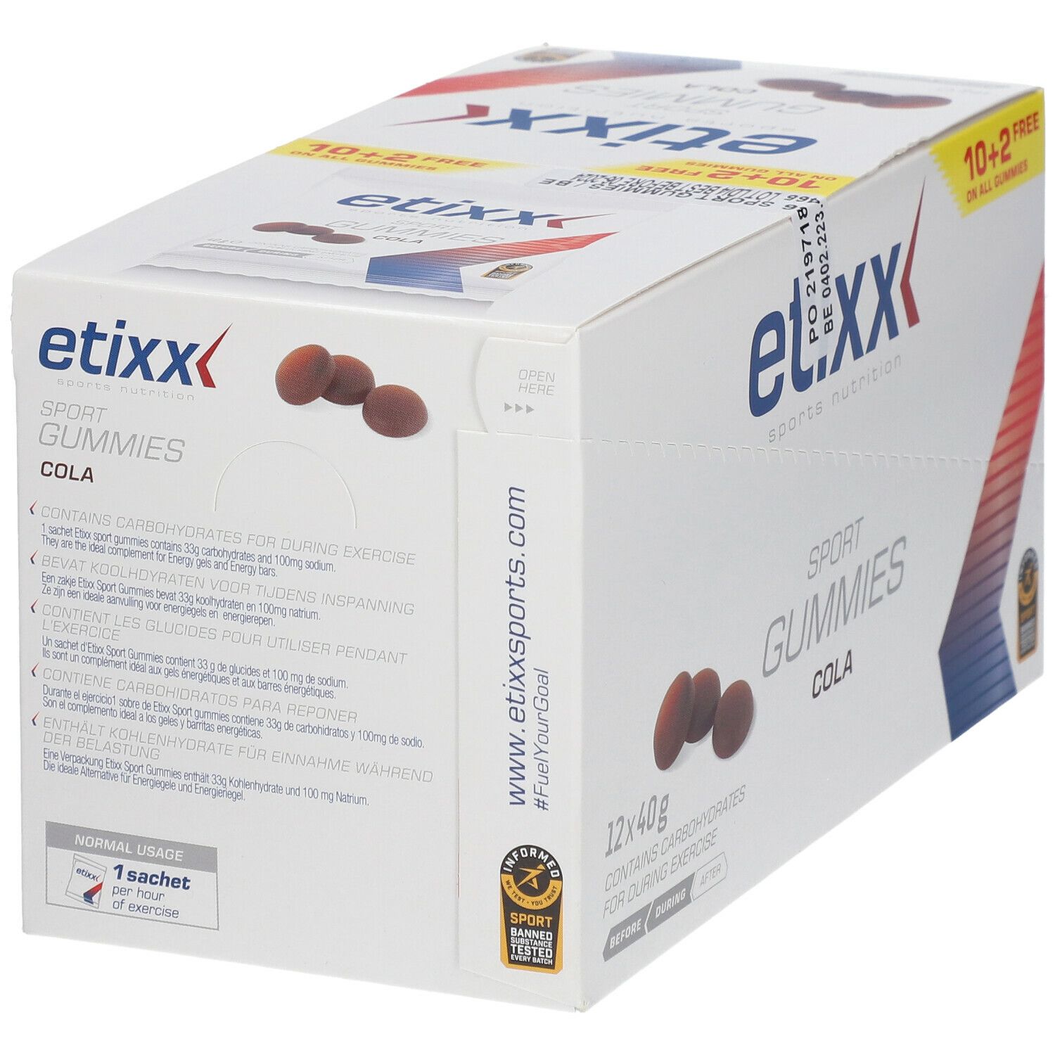 Scatola di etixx® Sport Gummis. Scritta: 10+2 gratis. Gusto cola. 12x40g. Contiene carboidrati per l'esercizio.