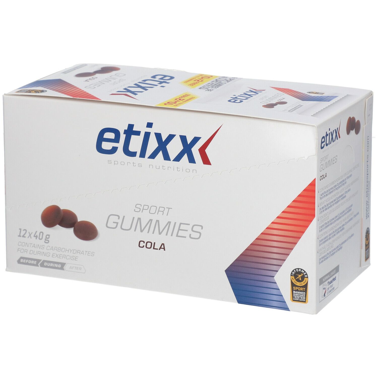 Scatola di etixx® Sport Gummis. Gusto cola. 12x40g. Contiene carboidrati per l'esercizio. Sport Banned Substances Tested.