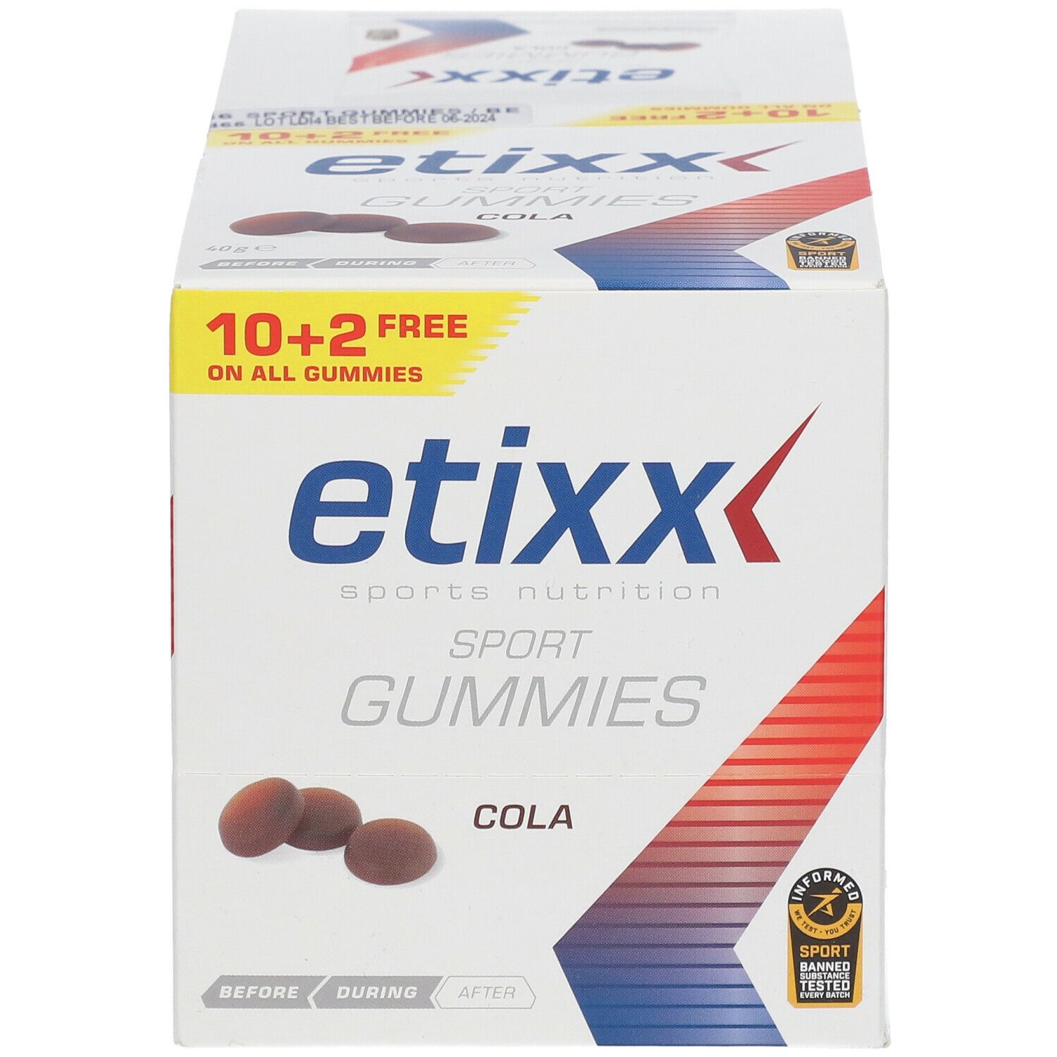 Scatola di etixx® Sport Gummis. Scritta: 10+2 gratis. Gusto cola. Sport Banned Substances Tested.