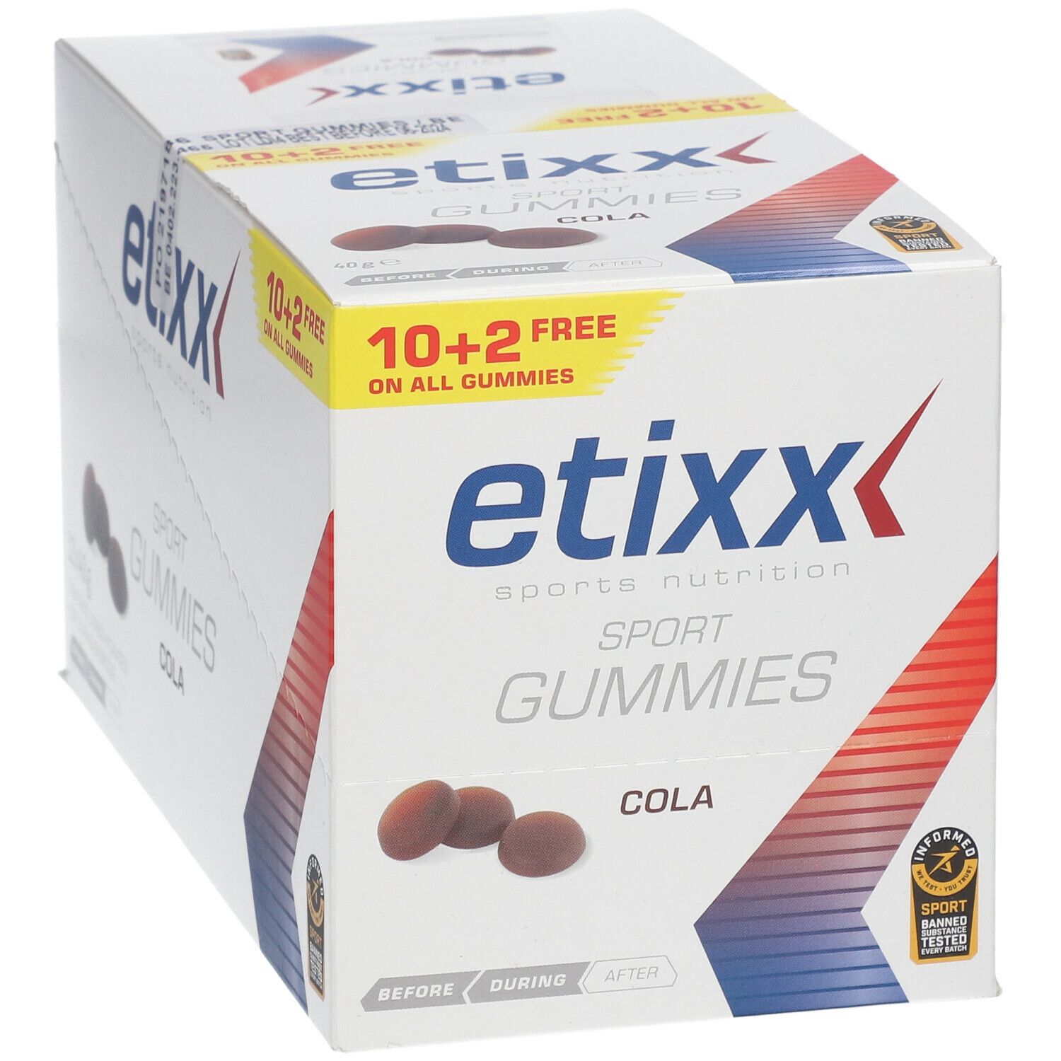 Scatola di etixx® Sport Gummis. Scritta: 10+2 gratis. Gusto cola. Sport Banned Substances Tested.