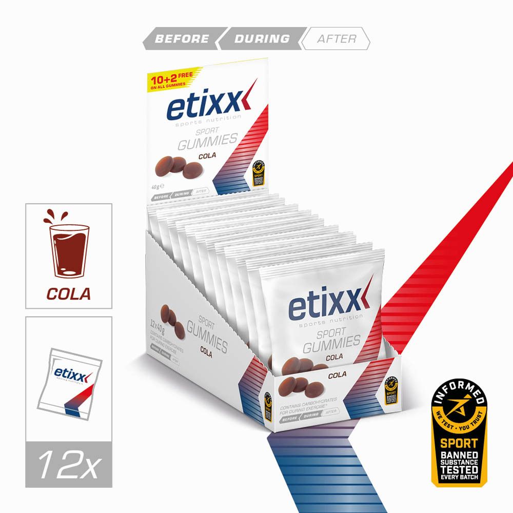 Présentoir de Sport Gummis etixx®. Goût cola. 12x40g. Sport Banned Substances Tested.