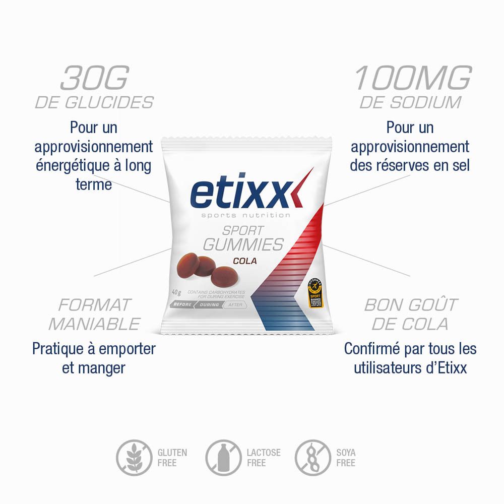 Sachet de Sport Gummis etixx®. Goût cola. 30g glucides, 100mg sodium. Sans gluten, lactose, soja.