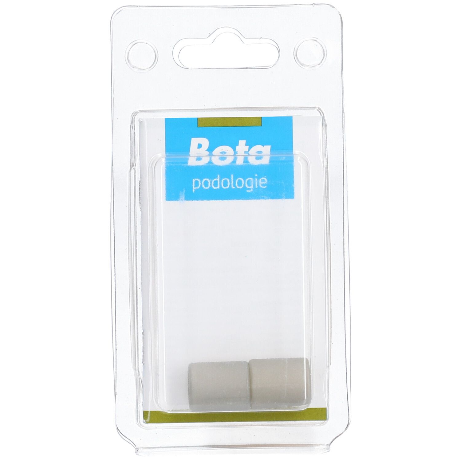 Deux coussins cylindriques dans un emballage blister. Étiquette avec logo "Bota podologie".