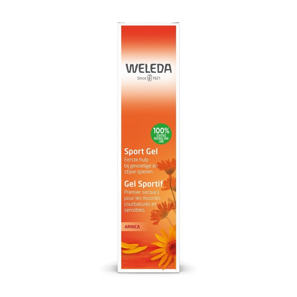 Emballage Weleda Sport Gel. Blanc, orange. Texte: Sport Gel, Arnica. Avec label vert et fleurs.