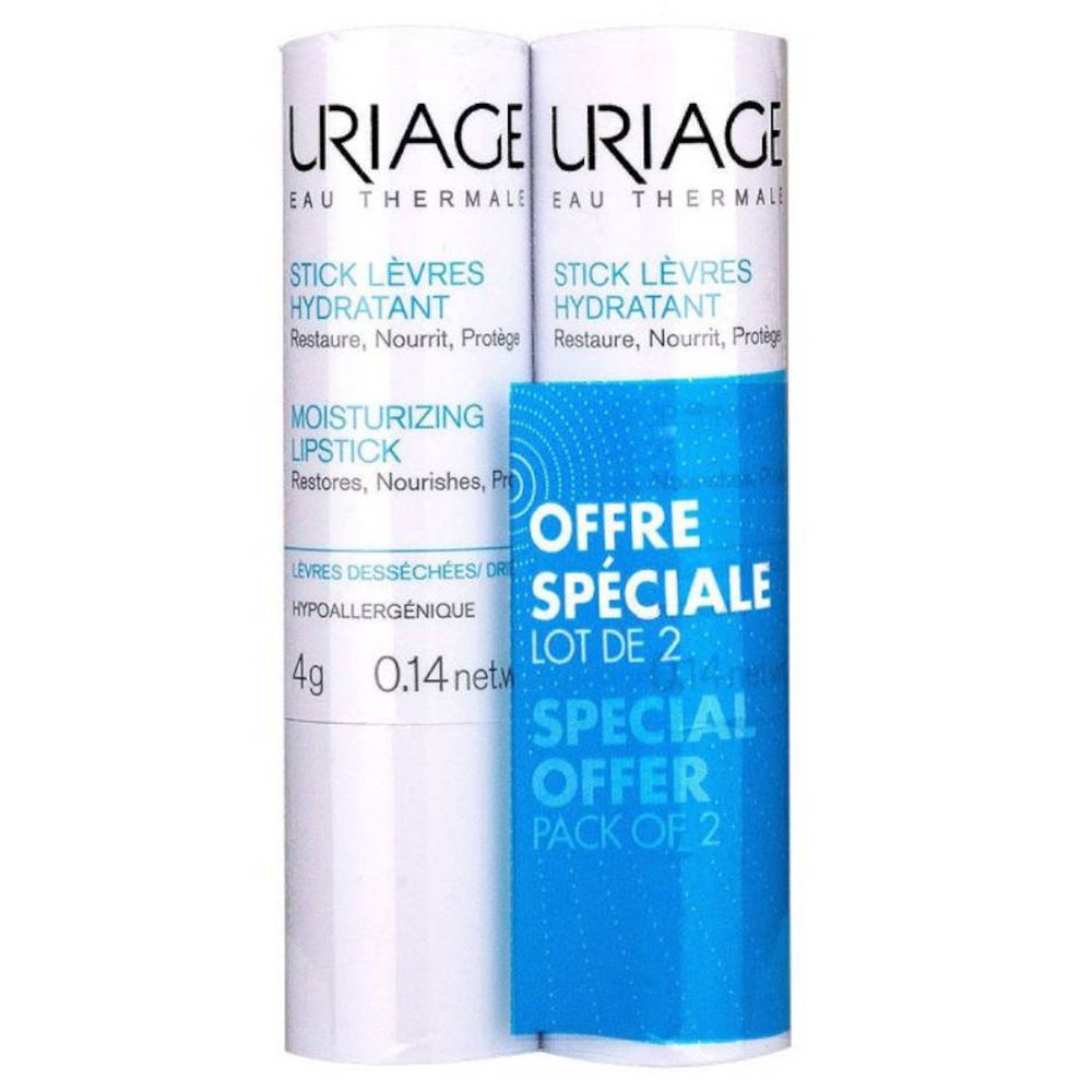 Deux sticks à lèvres blancs. Inscription: URIAGE, Stick Lèvres Hydratant, Moisturizing Lipstick, Offre Spéciale, Lot de 2.