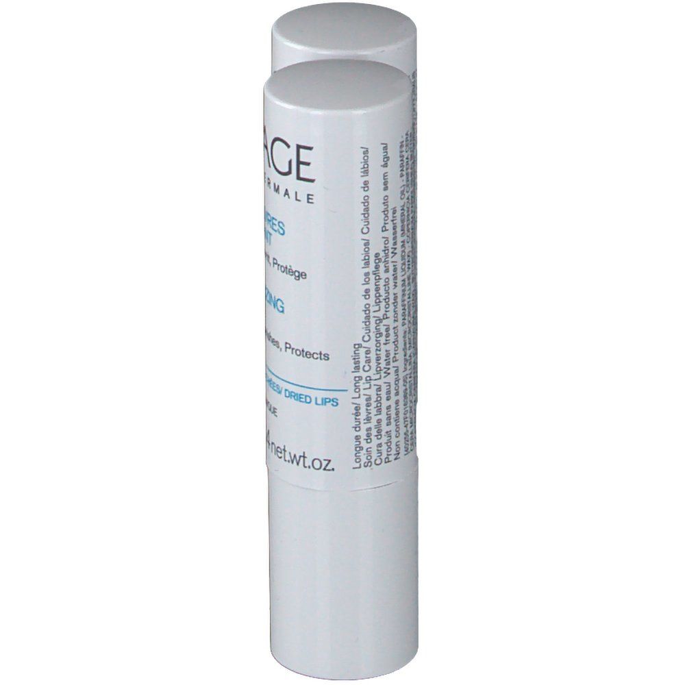 Stick à lèvres blanc. Inscription: URIAGE, Stick Lèvres Hydratant, Moisturizing Lipstick. Texte multilingue.