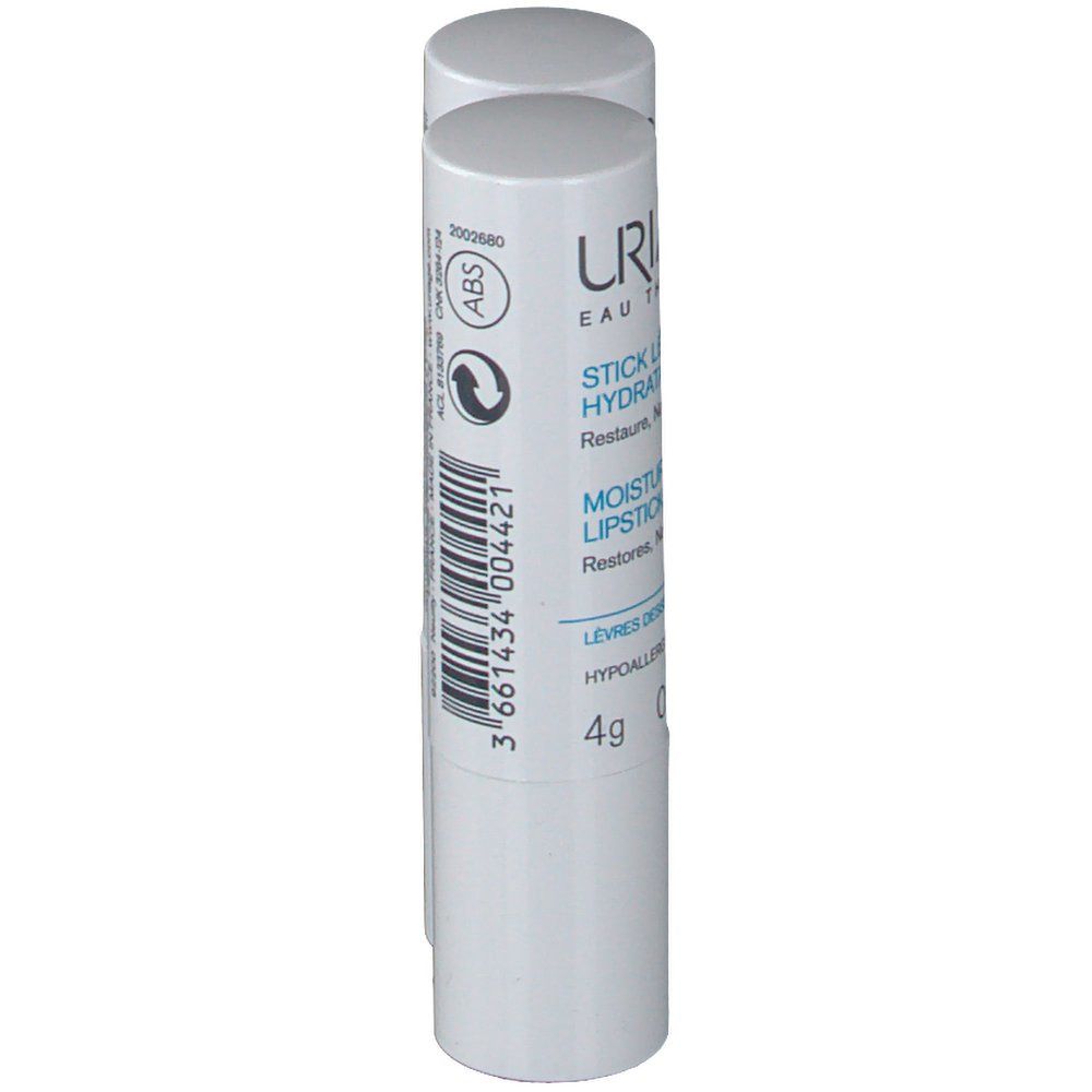 Stick à lèvres blanc. Inscription: URIAGE, Stick Lèvres Hydratant, Moisturizing Lipstick, 4g. Code-barres et logo.
