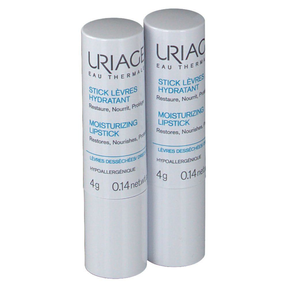 Deux sticks à lèvres blancs. Inscription: URIAGE, Stick Lèvres Hydratant, Moisturizing Lipstick, 4g, 0.14 net wt.