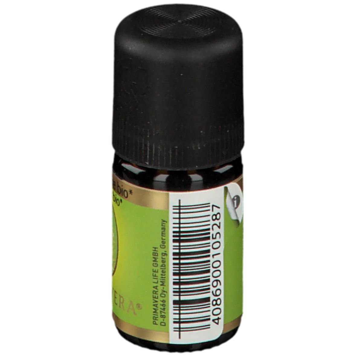 Bruine glazen fles met zwarte dop. Etiket met barcode en fabrikantinfo. PRIMAVERA-logo en productnaam gedeeltelijk zichtbaar.