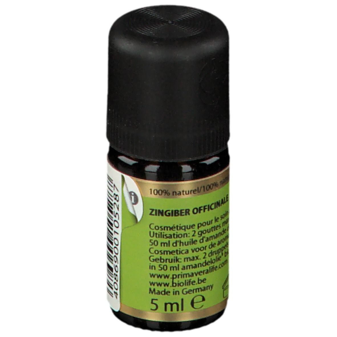 Bruine glazen fles met zwarte dop. Etiket met productinfo, ingrediënten en fabrikantenadres. Volume: 5 ml.