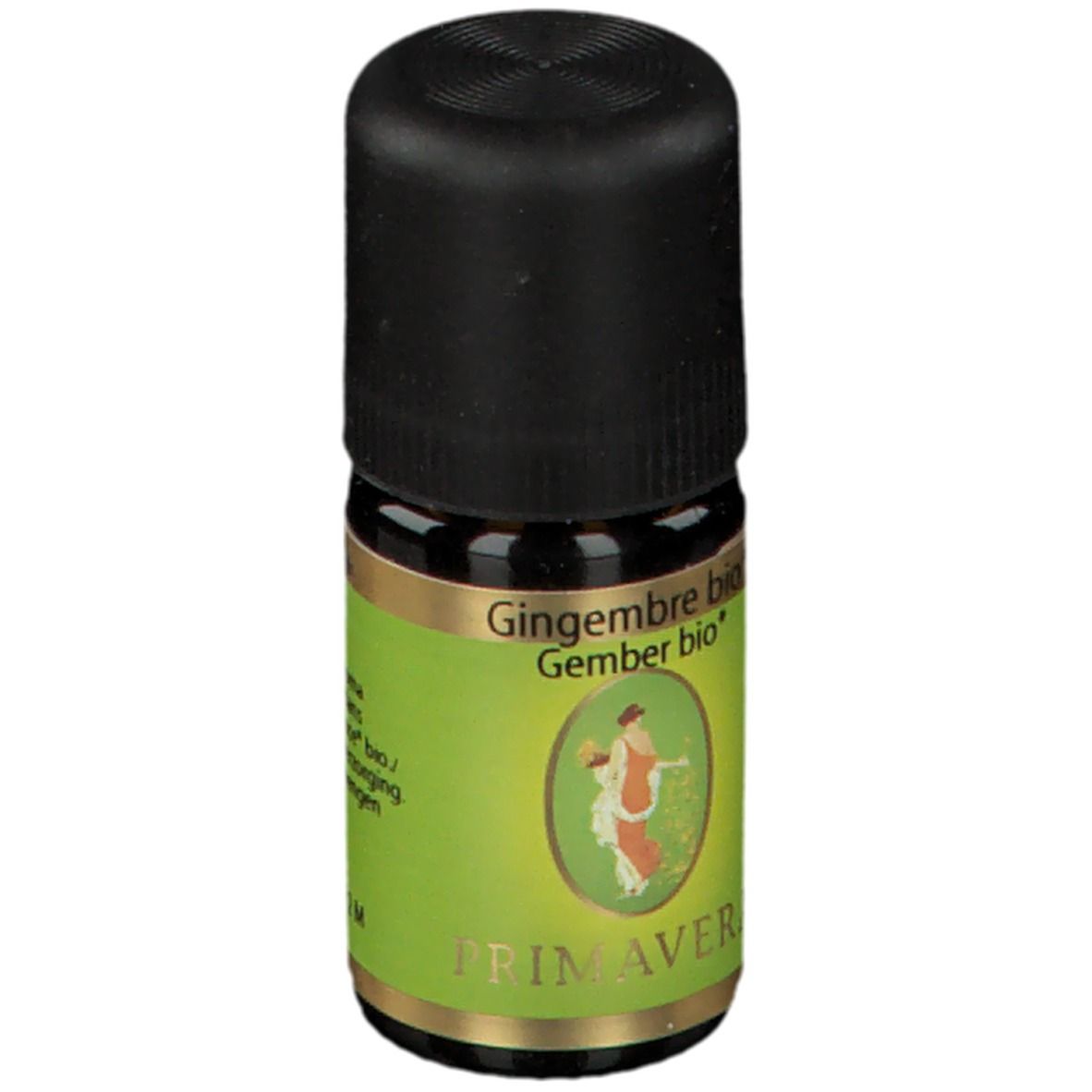 Bruine glazen fles met zwarte dop. Etiket met productnaam, illustratie en PRIMAVERA-logo. "Gingembre bio" en "Gember bio" zijn zichtbaar.