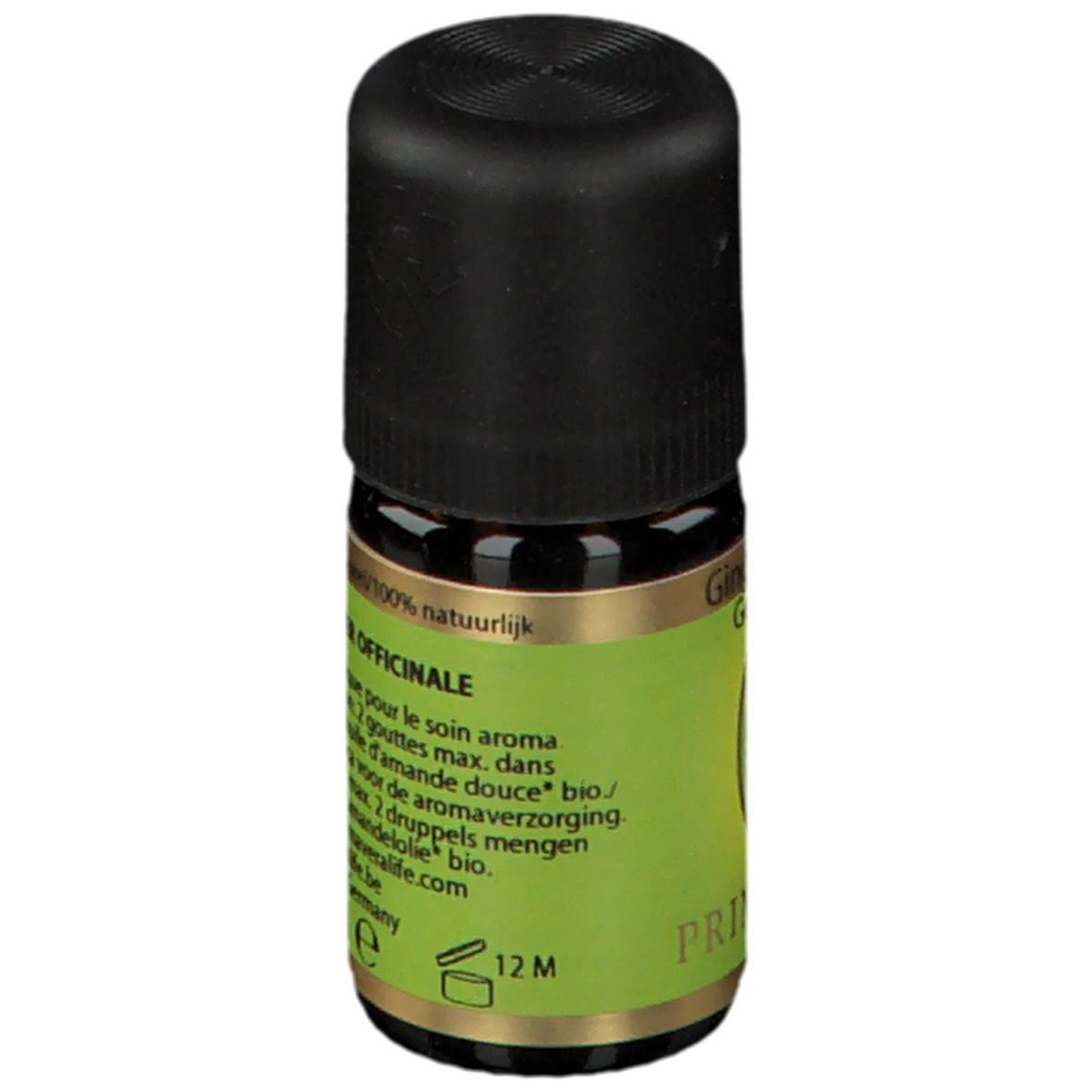 Bruine glazen fles met zwarte dop. Etiket met productinfo en fabrikantenadres. Volume: 12 ml. PRIMAVERA-logo.