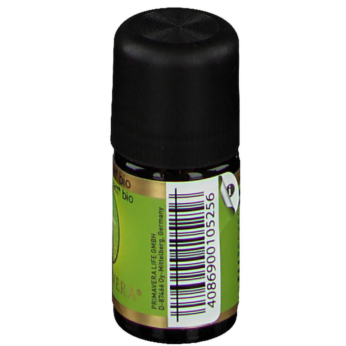 Kleine glazen fles met zwarte dop. Groen etiket met barcode en PRIMAVERA LIFE GmbH-adres. Opschrift: Honing extract bio.