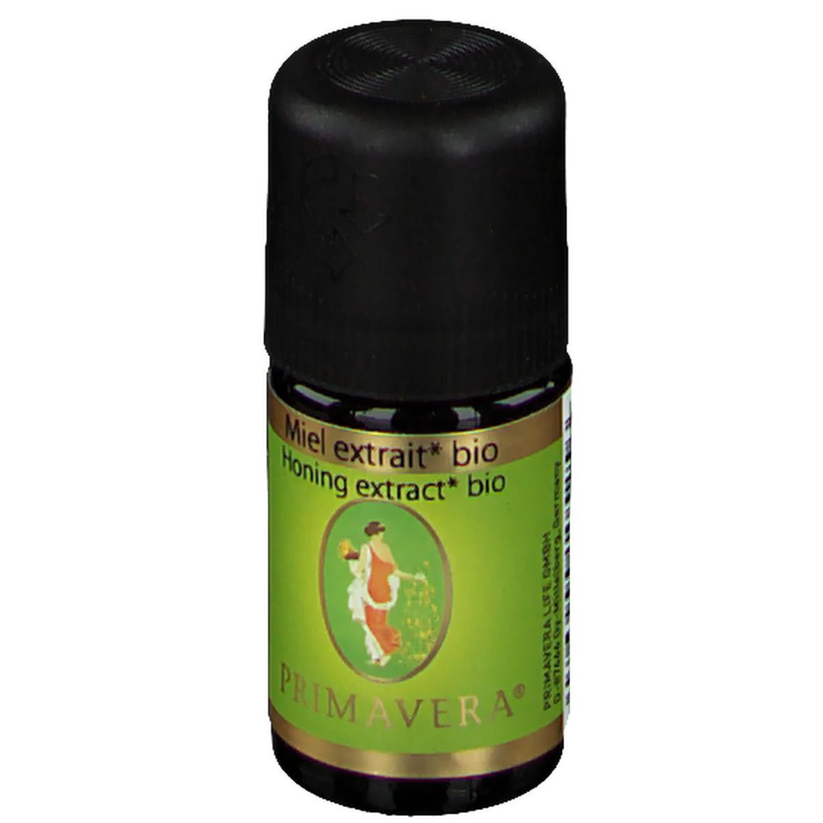 Kleine glazen fles met zwarte dop. Groen etiket met opschrift: Miel extrait bio, Honing extract bio. PRIMAVERA logo en afbeelding.
