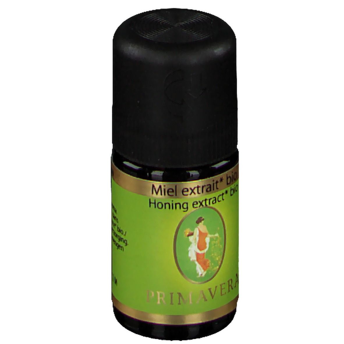 Kleine glazen fles met zwarte dop. Groen etiket met opschrift: Miel extrait bio, Honing extract bio. PRIMAVERA logo en afbeelding.