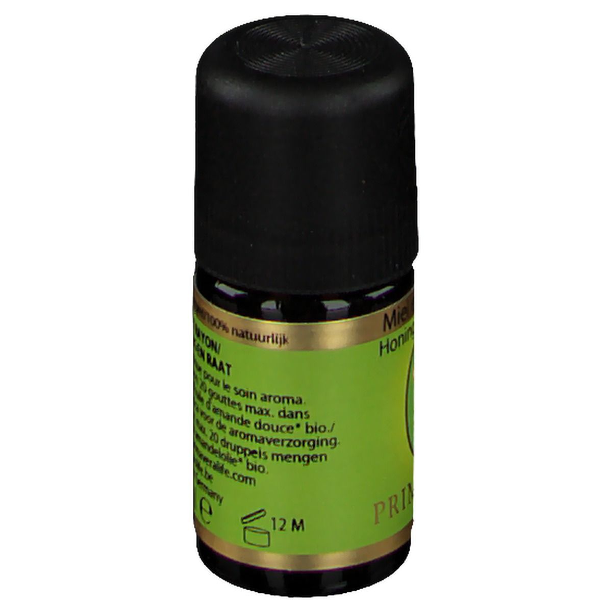 Kleine glazen fles met zwarte dop. Groen etiket met tekst: Miel et rayon/Honing en raat. Volume: 12 ml. Gemaakt in Duitsland.