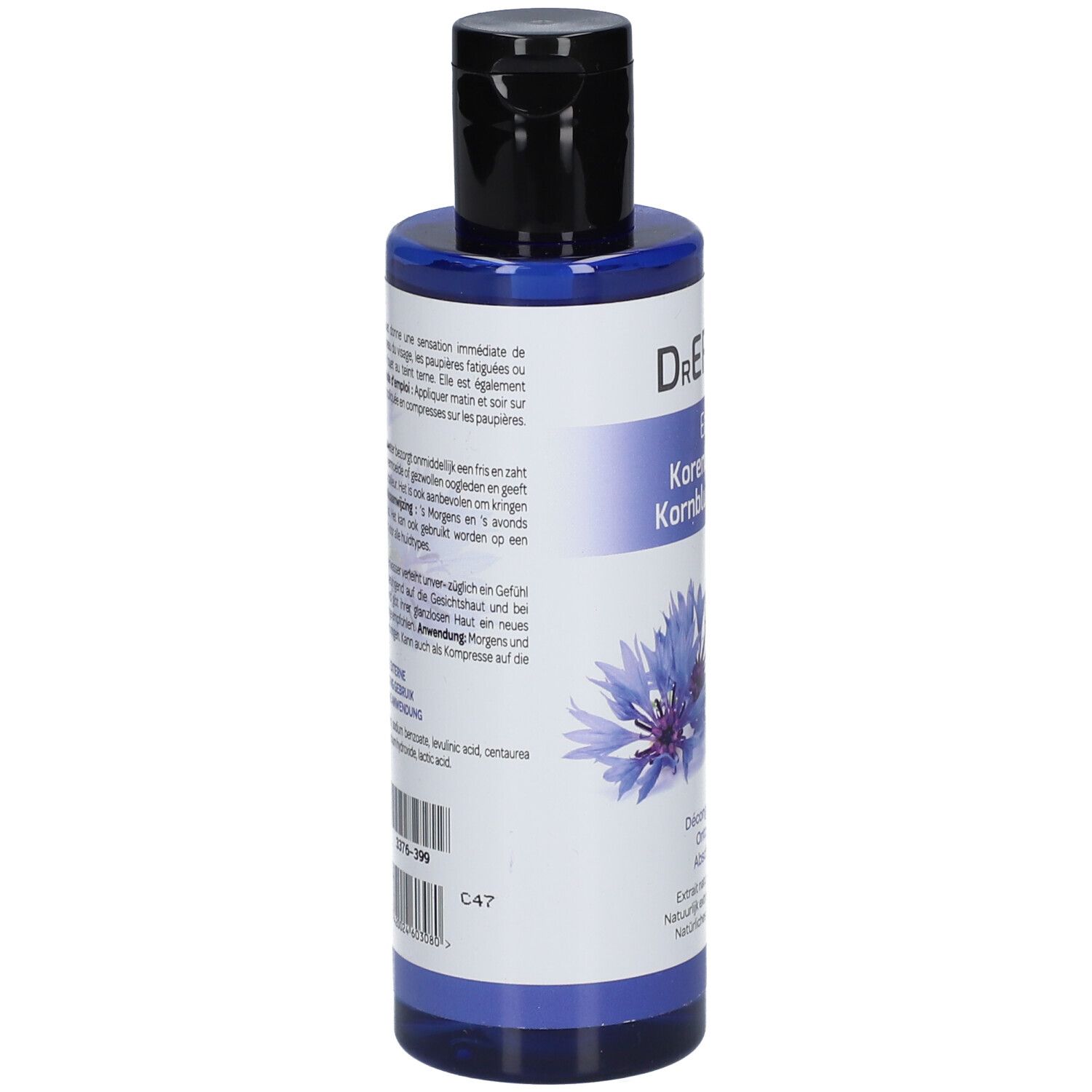 Blaue Flasche mit Text. Aufschrift: Dr. Ernst, Eau de bleuet, Kornblumenwasser. Text in mehreren Sprachen. Rückseite mit Text.
