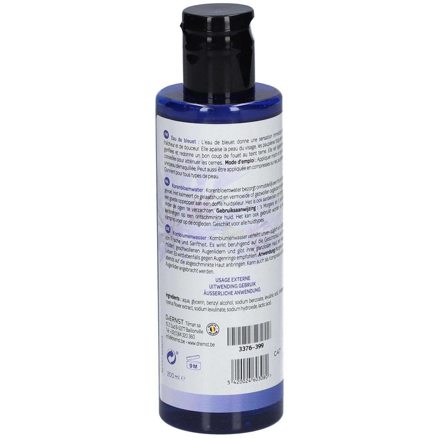 Blaue Flasche mit Text. Aufschrift: Dr. Ernst, Eau de bleuet, Kornblumenwasser. Text in mehreren Sprachen. Rückseite mit Text.