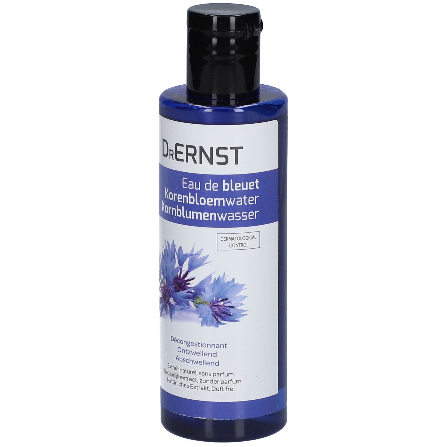 Blaue Flasche mit schwarzem Deckel. Aufschrift: Dr. Ernst, Eau de bleuet, Kornblumenwasser. Abbildung einer Kornblume.