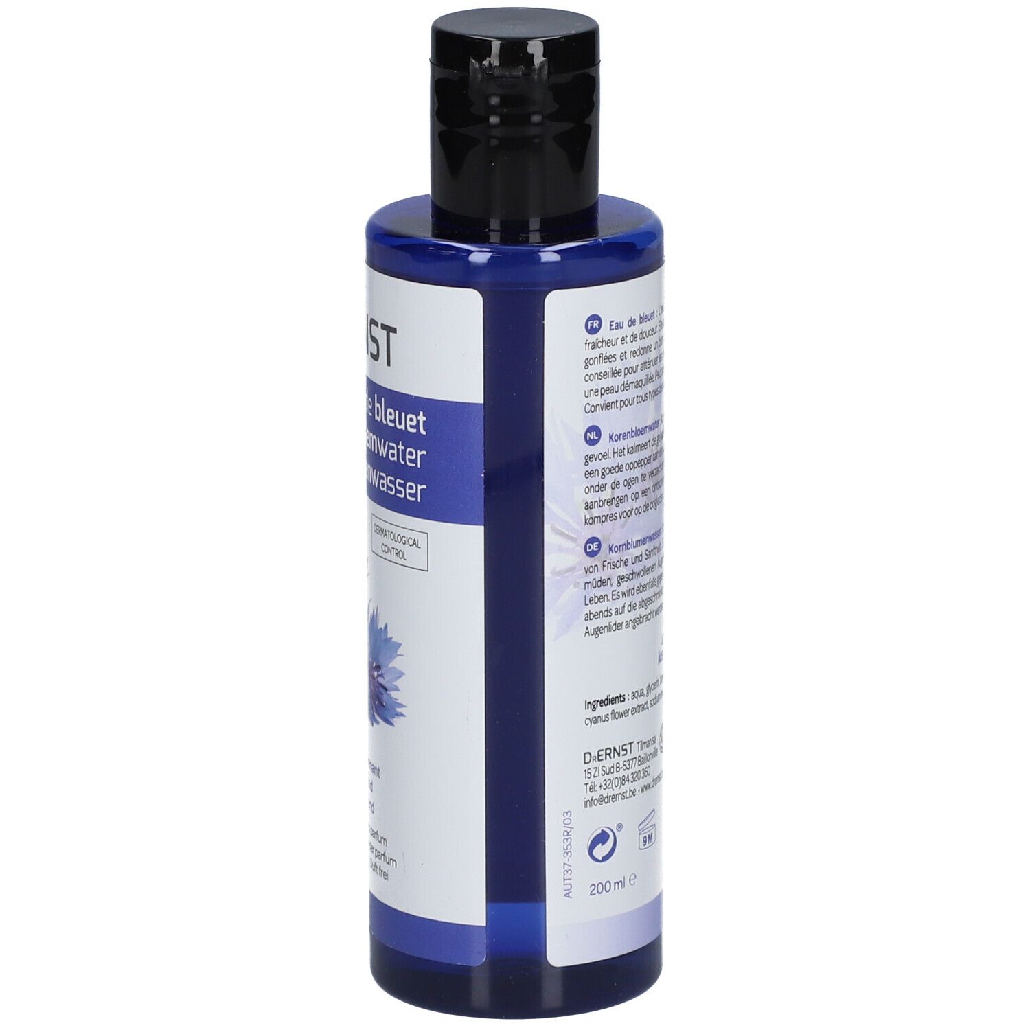 Blaue Flasche mit schwarzem Deckel. Aufschrift: Dr. Ernst, Eau de bleuet, Kornblumenwasser. Text in mehreren Sprachen.
