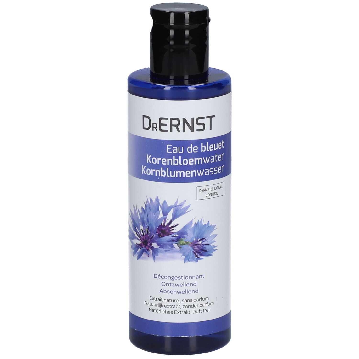 Blaue Flasche mit schwarzem Deckel. Aufschrift: Dr. Ernst, Eau de bleuet, Kornblumenwasser. Abbildung einer Kornblume.