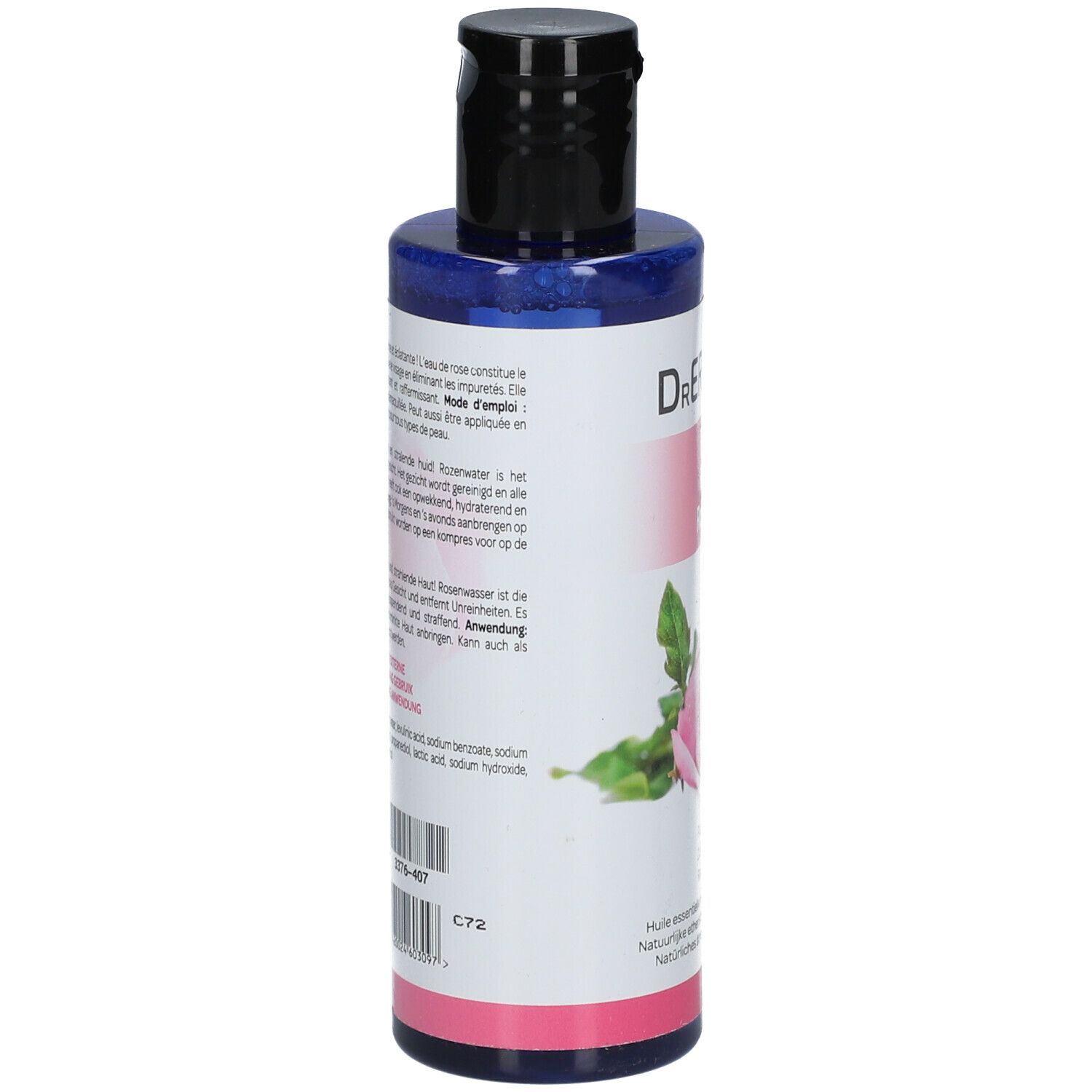 Achterkant van de fles Dr. Ernst Eau de Rose. Etiket met productinformatie en ingrediënten.