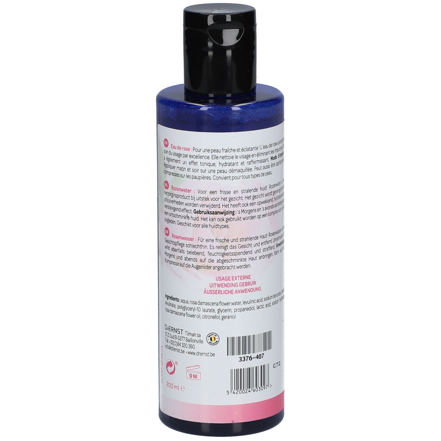 Achterkant fles Dr. Ernst Eau de Rose. Etiket met productinfo en ingrediënten.