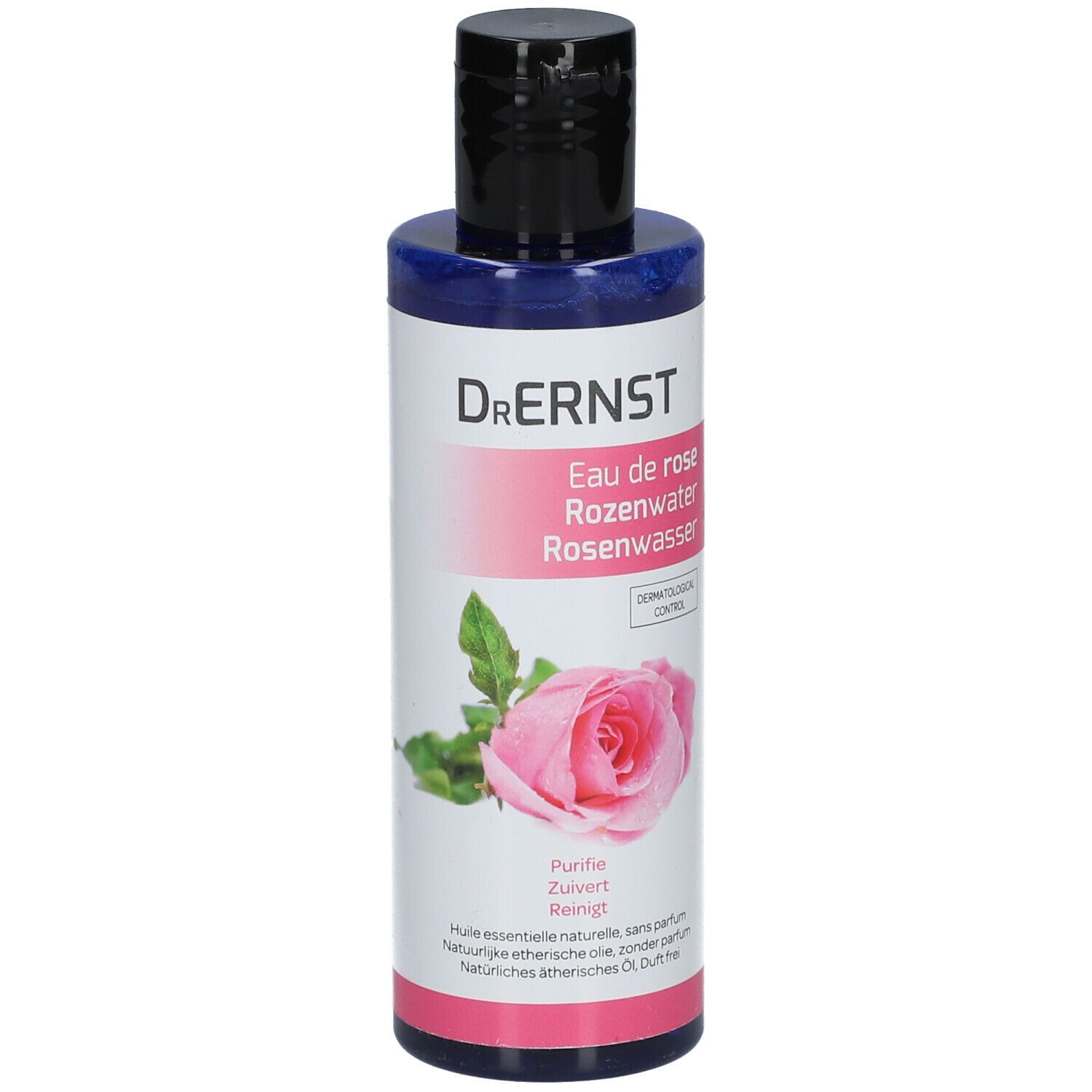 Fles Dr. Ernst Eau de Rose. Zwarte dop. Etiket met productnaam, rozenillustratie en tekst.