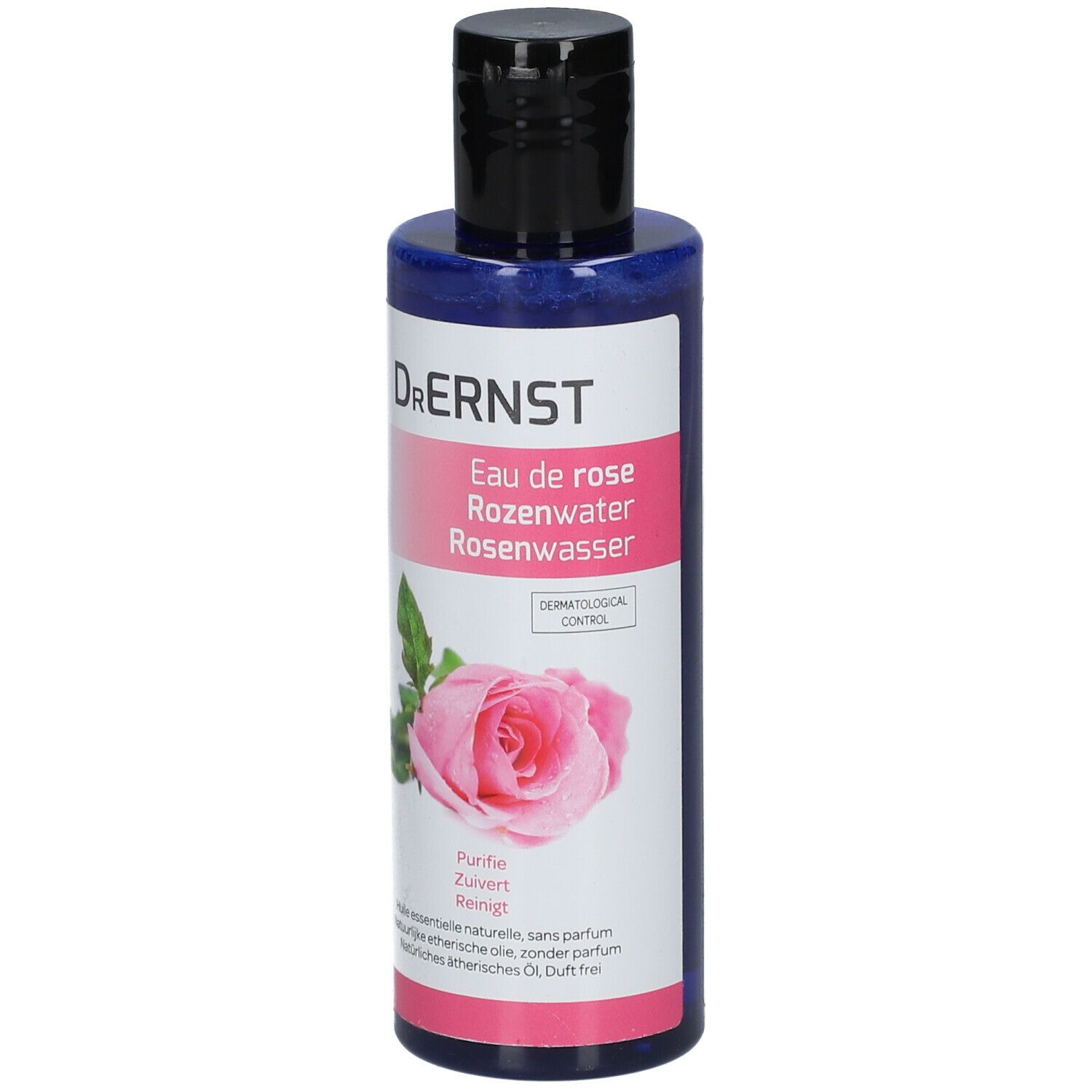 Fles Dr. Ernst Eau de Rose. Zwarte dop. Etiket met productnaam, rozenillustratie en tekst.