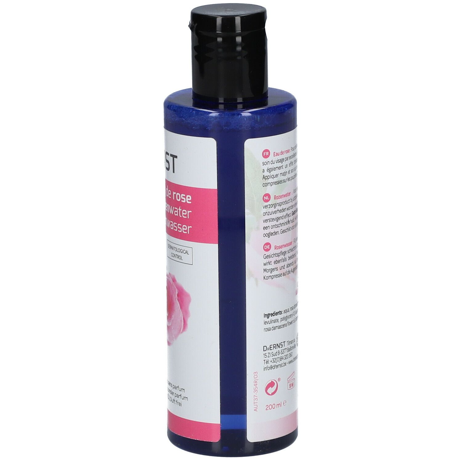 Achterkant fles Dr. Ernst Eau de Rose. Etiket met productinfo en ingrediënten.