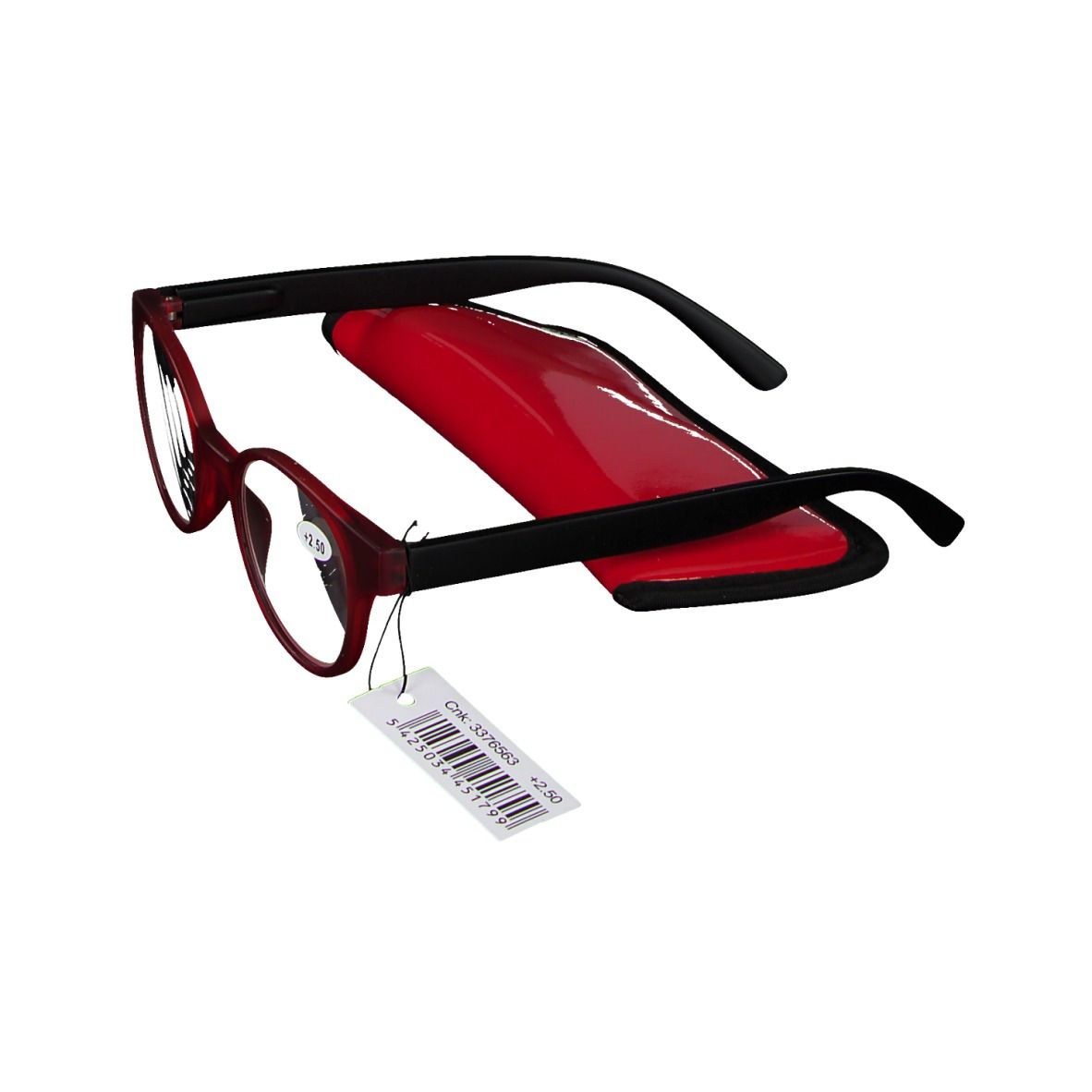 Runde Lesebrille, rot/schwarz, mit Etui und Preisschild. Gläser mit +2.50. CE-Zeichen.