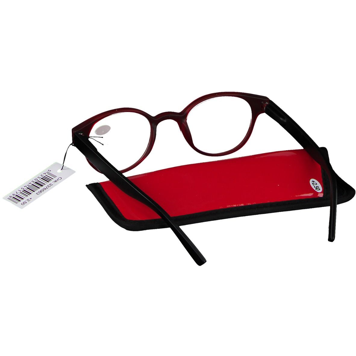 Runde Lesebrille, rot/schwarz, mit Etui und Preisschild. Gläser mit +2.50. CE-Zeichen.