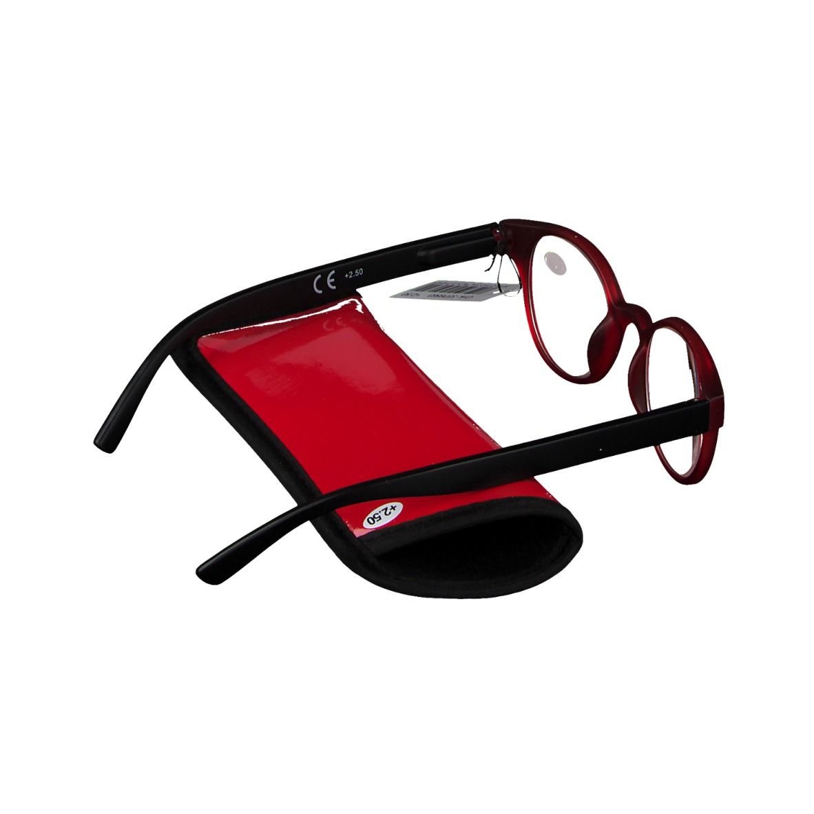 Runde Lesebrille, rot/schwarz, mit Etui und Preisschild. Gläser mit +2.50. CE-Zeichen.