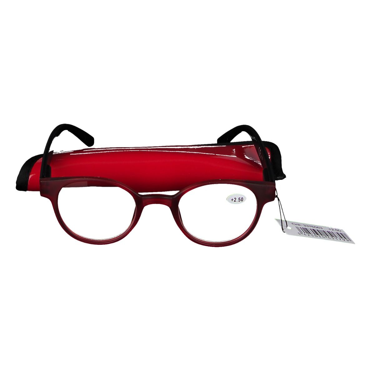 Runde Lesebrille, rot/schwarz, mit Etui und Preisschild. Gläser mit +2.50. CE-Zeichen.