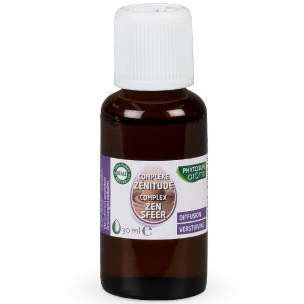 Flacon en verre brun avec bouchon blanc. Inscription: Complexe Zénitude, 30 ml. Marque: Phytosun arôms.