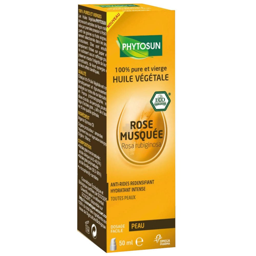 Boîte jaune PHYTOSUN. Huile végétale. Rose Musquée, 100% pure et vierge. Label Eco. Flacon de 50 ml.