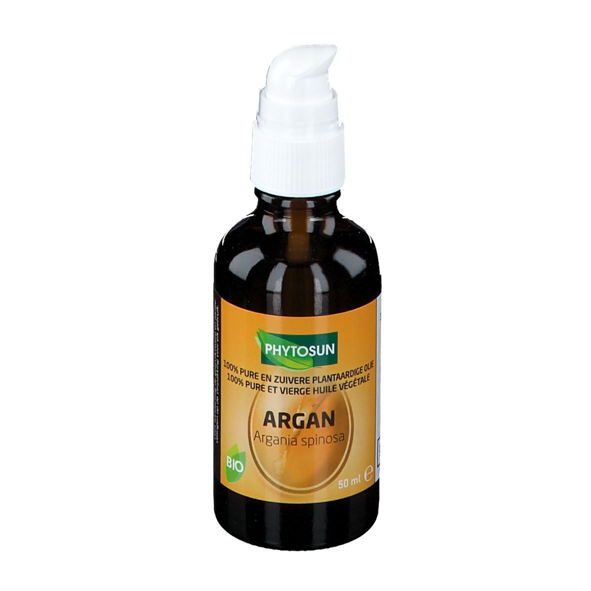 Flacon en verre brun avec pompe blanche. Étiquette "Phytosun Argan" et label "BIO". Contenance 50 ml.