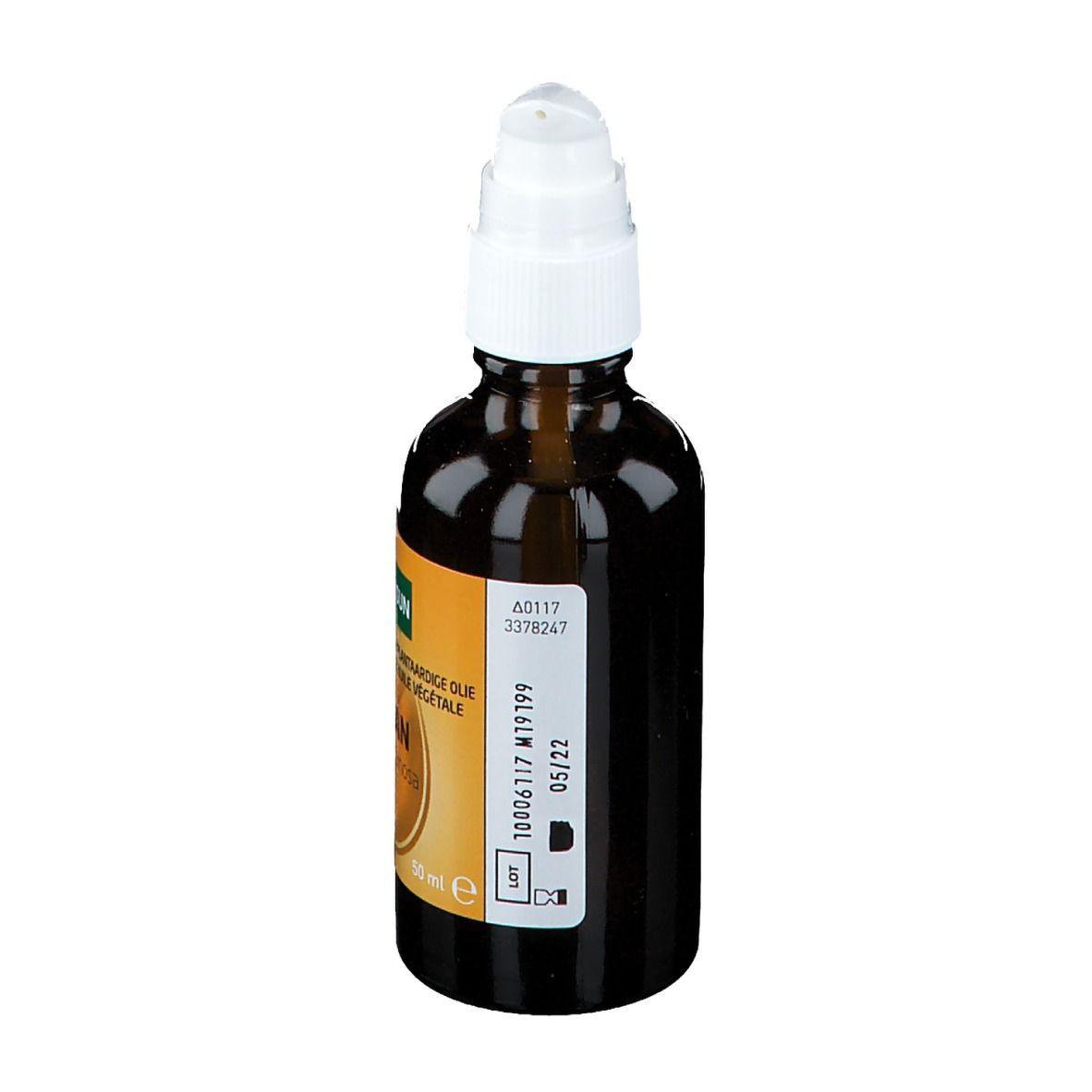 Flacon brun avec pompe blanche. Dos avec étiquette, numéro de lot et date de péremption. 50 ml.