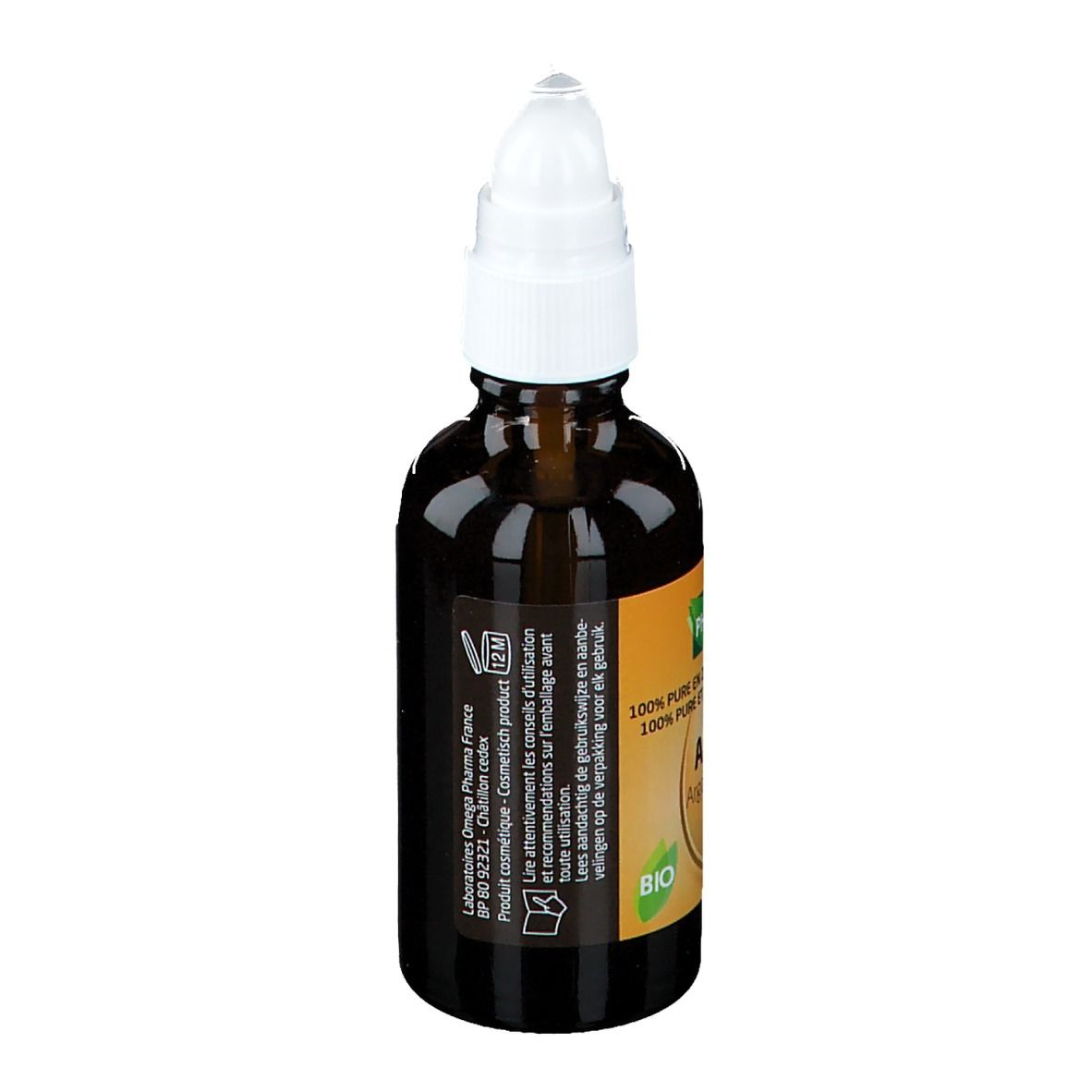 Flacon brun avec pompe blanche. Dos avec étiquette et texte. Contenance 50 ml.