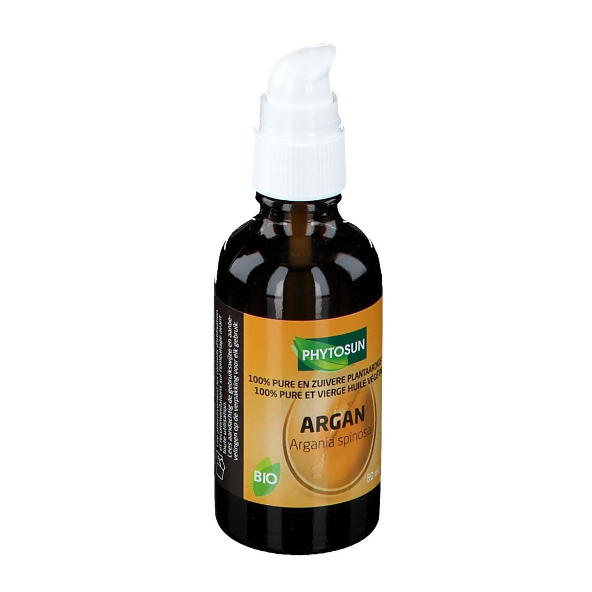 Flacon en verre brun avec pompe blanche. Étiquette "Phytosun Argan" et label "BIO". Contenance 50 ml.