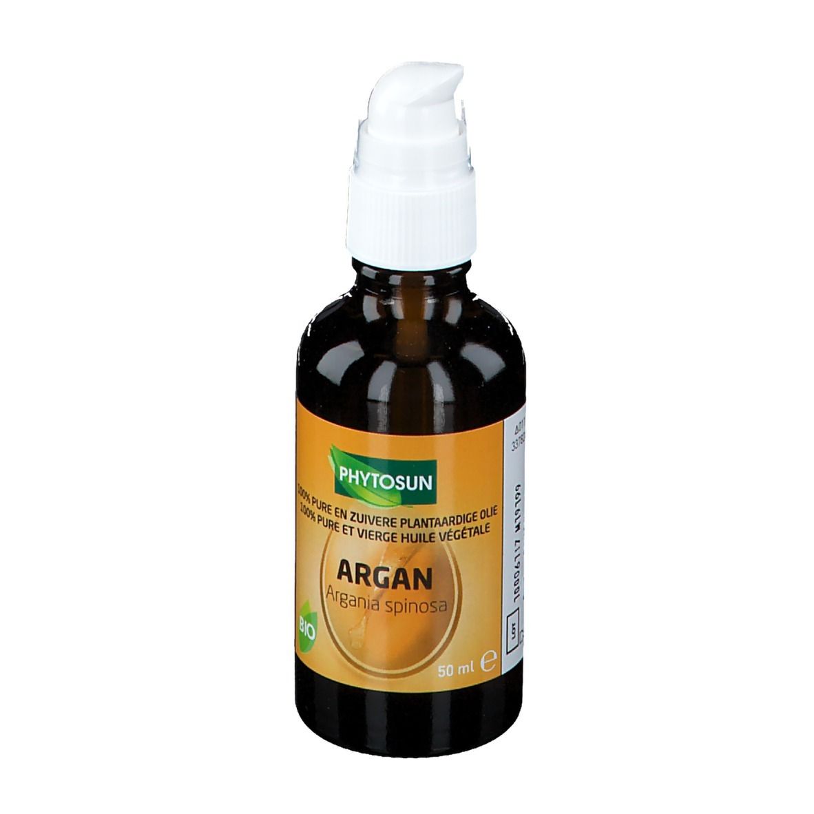 Flacon en verre brun avec pompe blanche. Étiquette "Phytosun Argan" et label "BIO". Contenance 50 ml.
