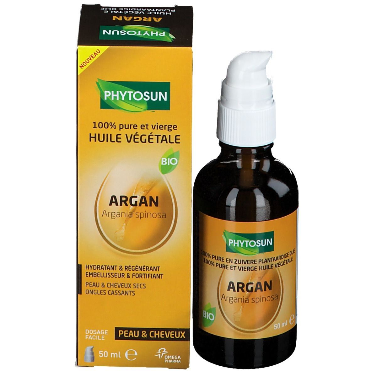 Produit avec emballage. Flacon brun avec pompe blanche et carton. "Phytosun Argan" et "BIO".