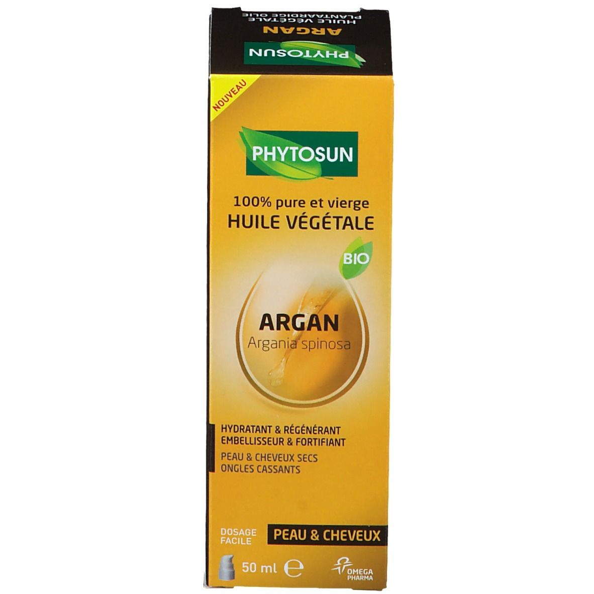 Produit avec emballage. Flacon brun avec pompe blanche et carton. "Phytosun Argan" et "BIO".