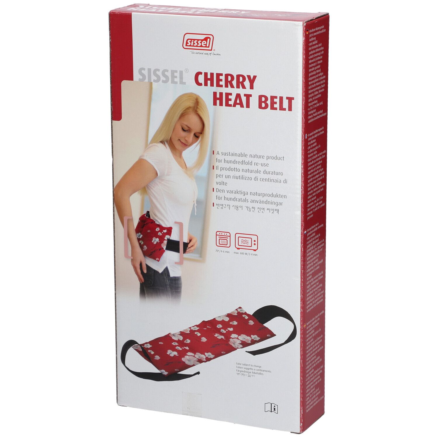 Verpakking van de Sissel Cherry Heat Belt. Rode riem met witte bloemen, zwarte bandjes. Vrouw met riem afgebeeld op de verpakking.