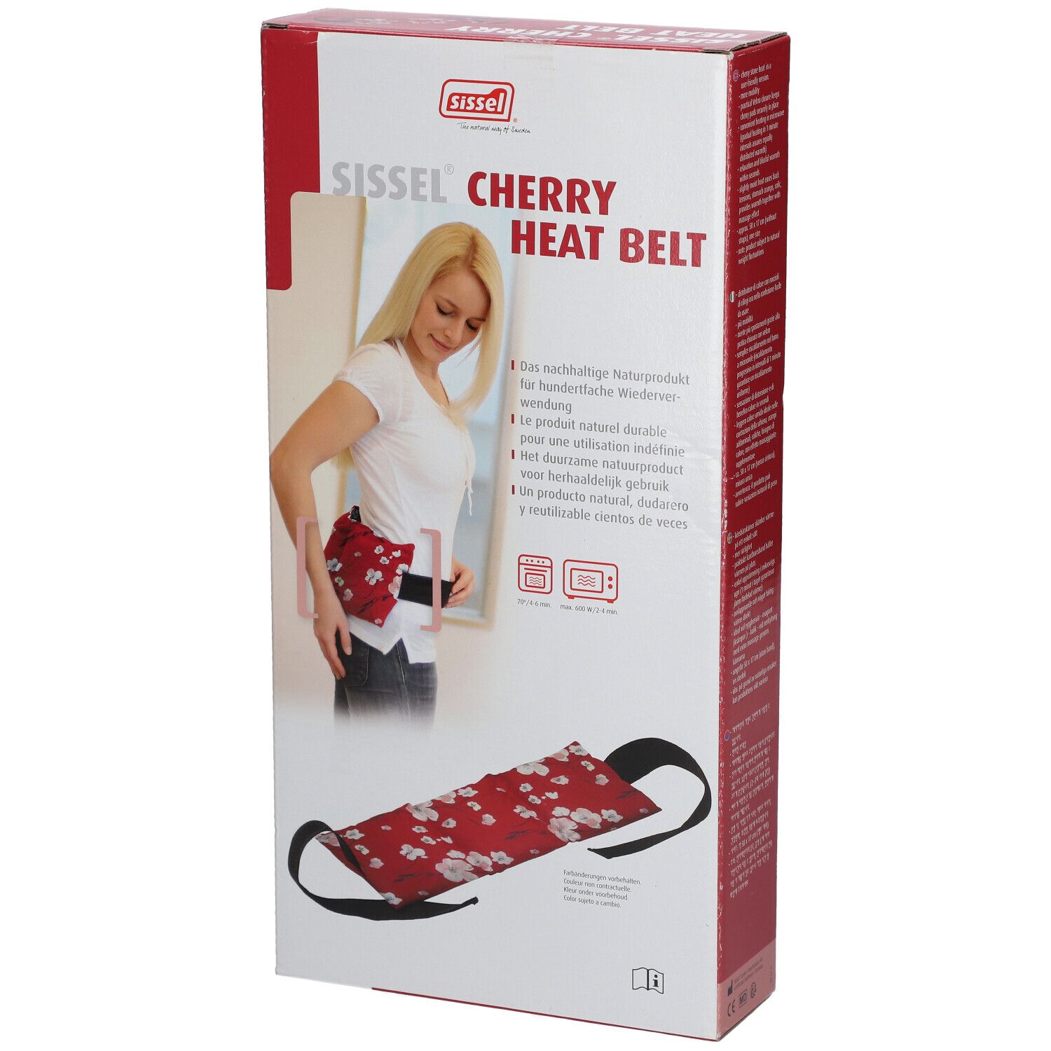 Verpakking van de Sissel Cherry Heat Belt. Rode riem met witte bloemen, zwarte bandjes. Vrouw met riem afgebeeld op de verpakking.